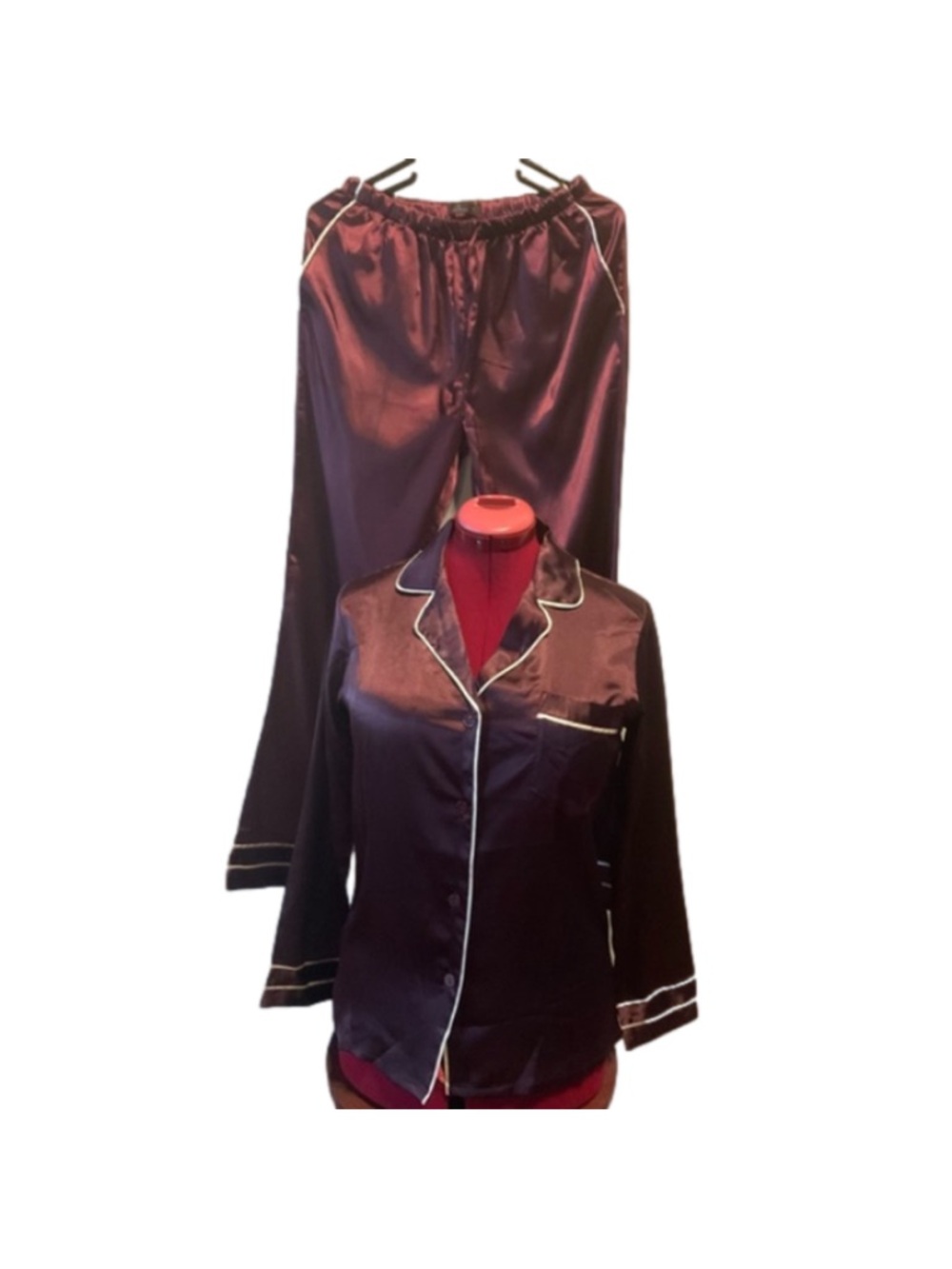 Satin Two-Piece Women’s Pajama Set in Plum with White Piping